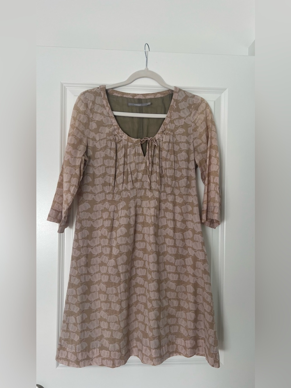 Women's Beige Printed Mini Dress with Tie Neck